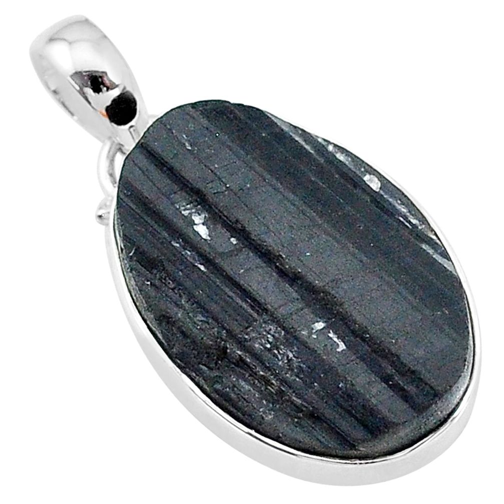 925 silver 14.72cts natural black tourmaline raw oval shape pendant t9791