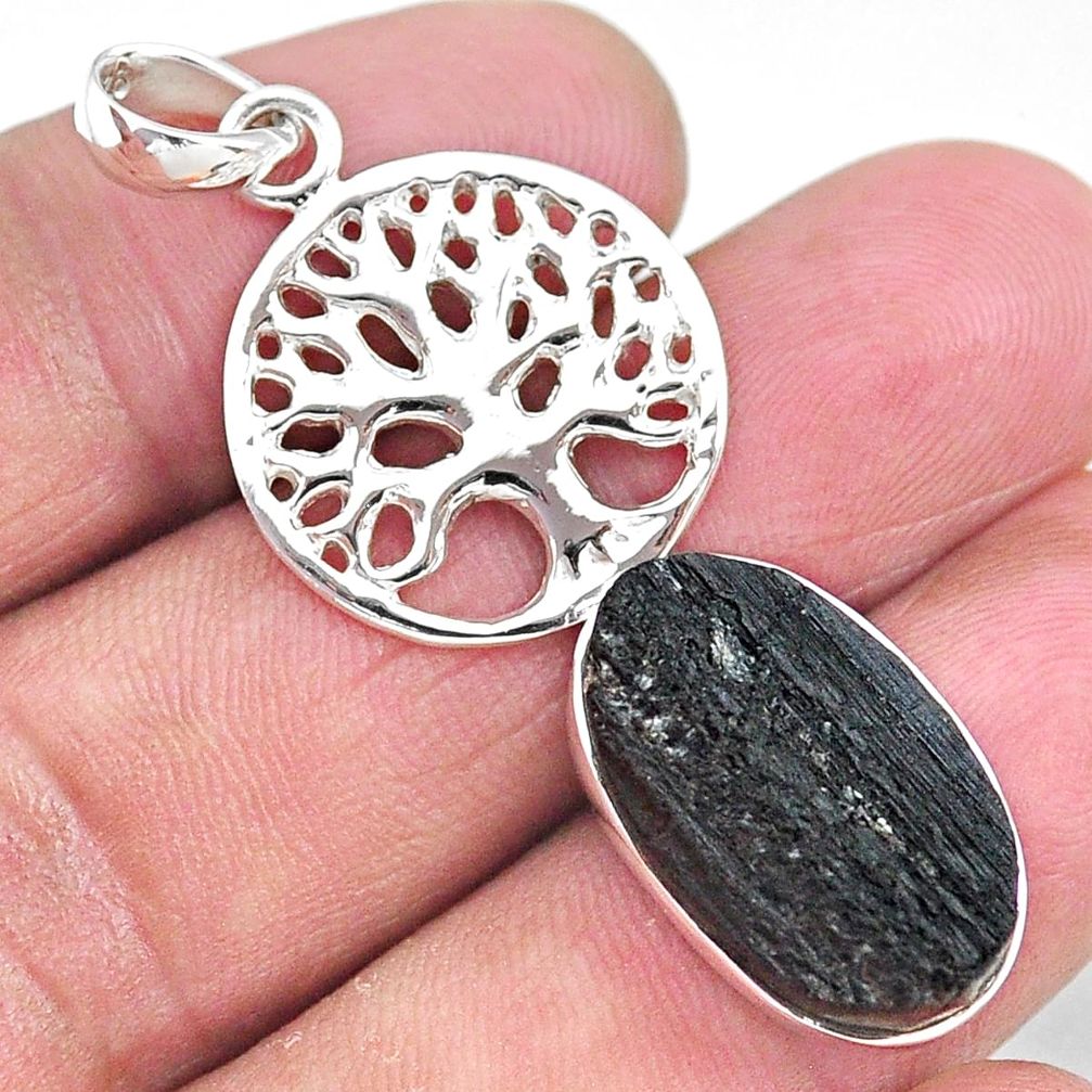 925 silver 12.07cts natural black tourmaline raw tree of life pendant t9852