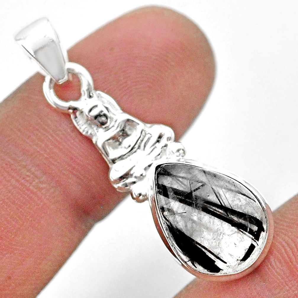 925 silver 4.99cts natural black tourmaline rutile buddha charm pendant t45485