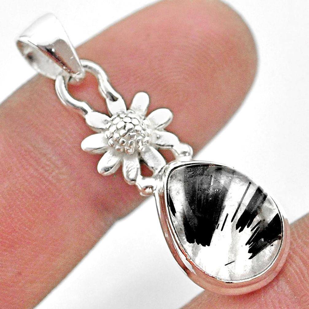 925 silver 5.38cts natural black tourmaline rutile flower pendant t45488