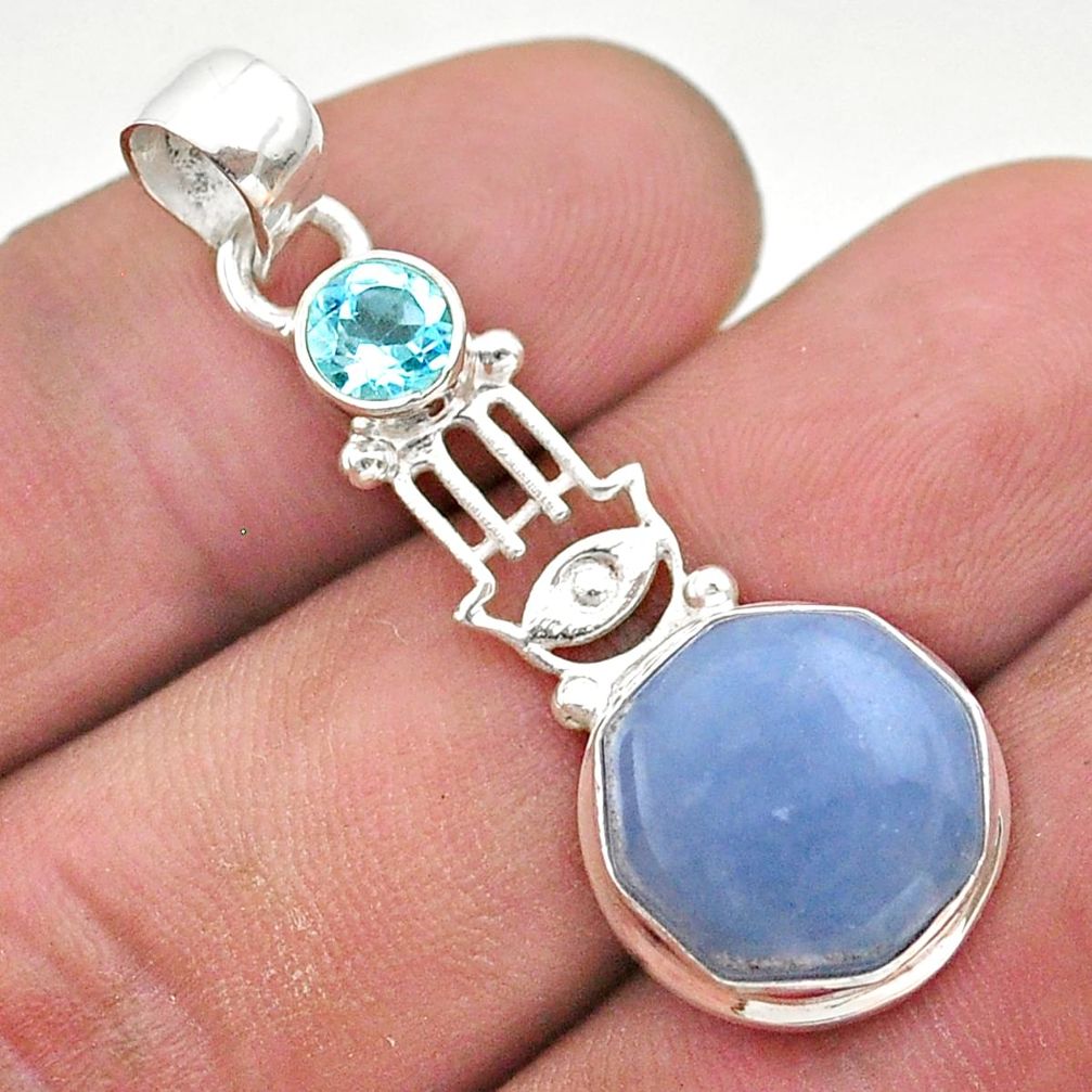 925 silver 7.31cts natural blue angelite topaz hand of god hamsa pendant t46400