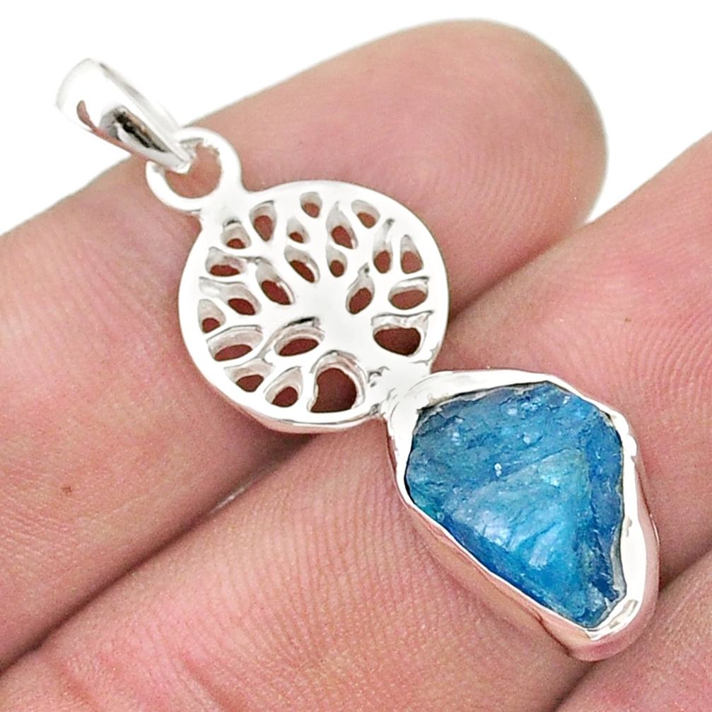 925 silver 4.63cts natural blue apatite rough fancy tree of life pendant u49098