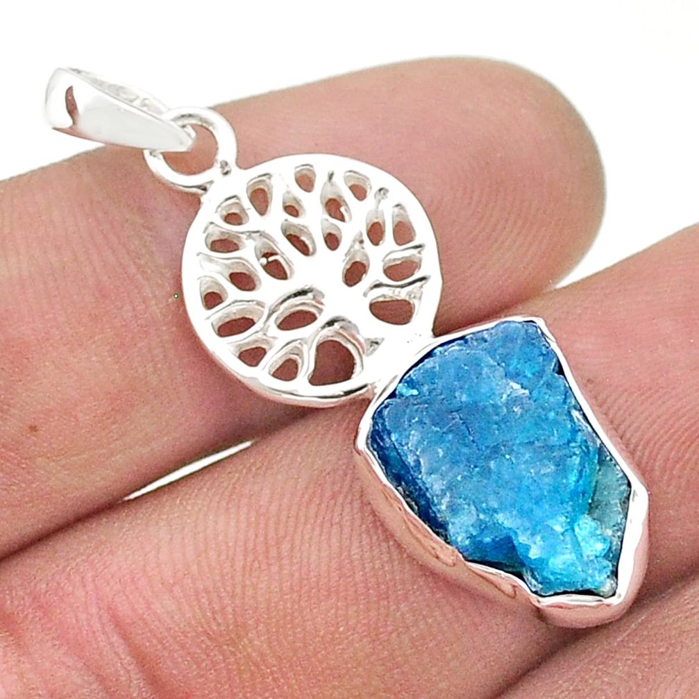 925 silver 7.34cts natural blue apatite rough fancy tree of life pendant u49099
