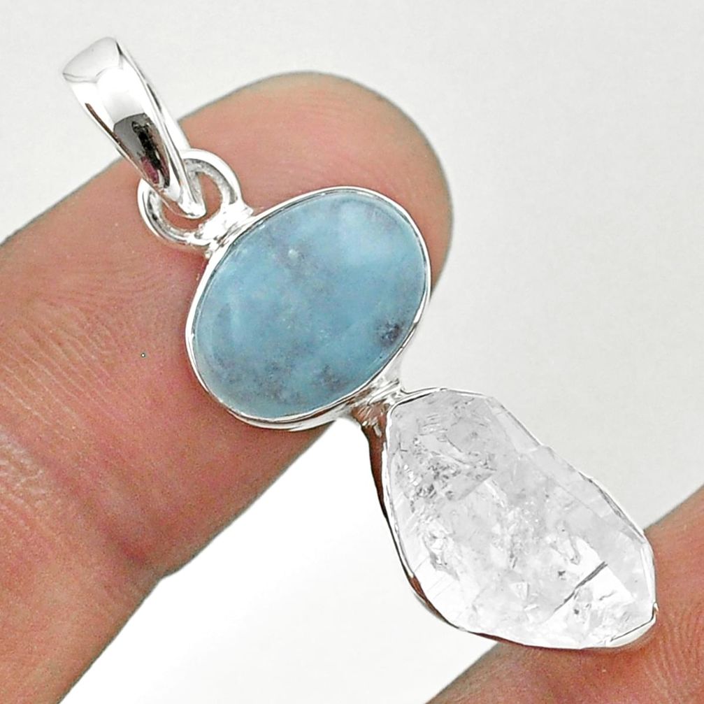 925 silver 10.32cts natural blue aquamarine herkimer diamond pendant t49138