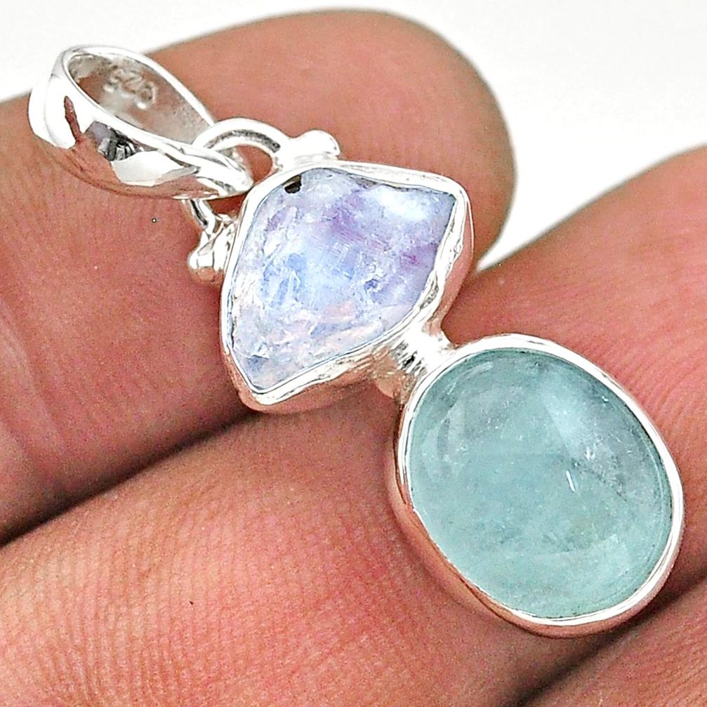 925 silver 8.56cts natural blue aquamarine moonstone slice rough pendant t69850