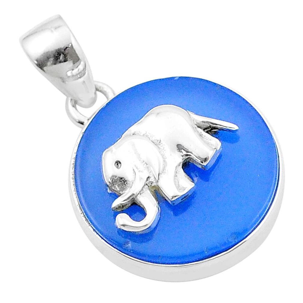 925 silver 14.59cts natural blue chalcedony round shape elephant coin enamel pendant u34617