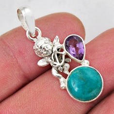 925 silver 5.23cts natural blue chrysocolla purple amethyst angel pendant y44263