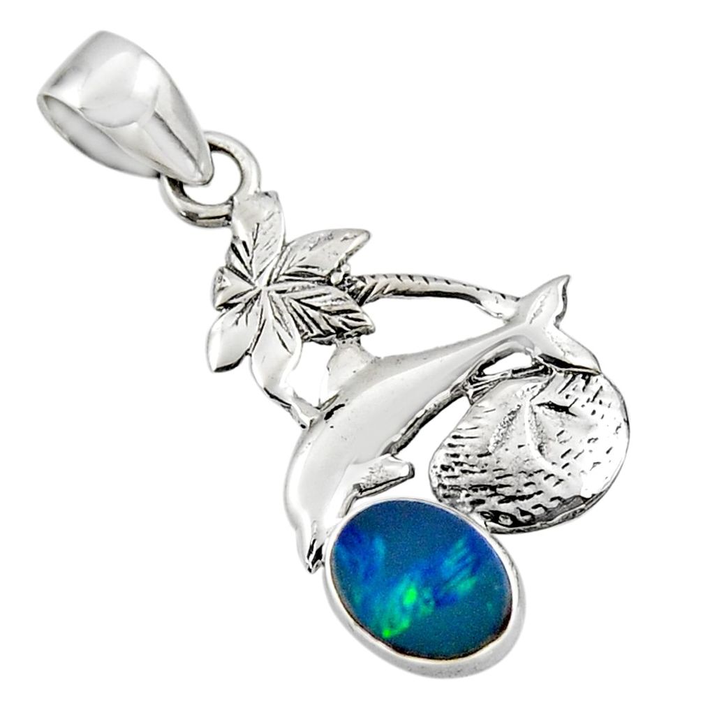 925 silver 2.60cts natural blue doublet opal australian dolphin pendant r48344