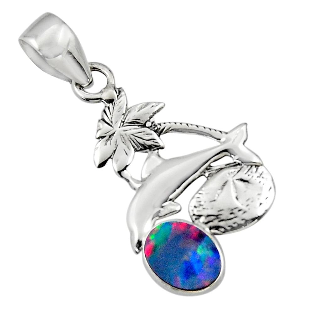 925 silver 2.60cts natural blue doublet opal australian dolphin pendant r48348