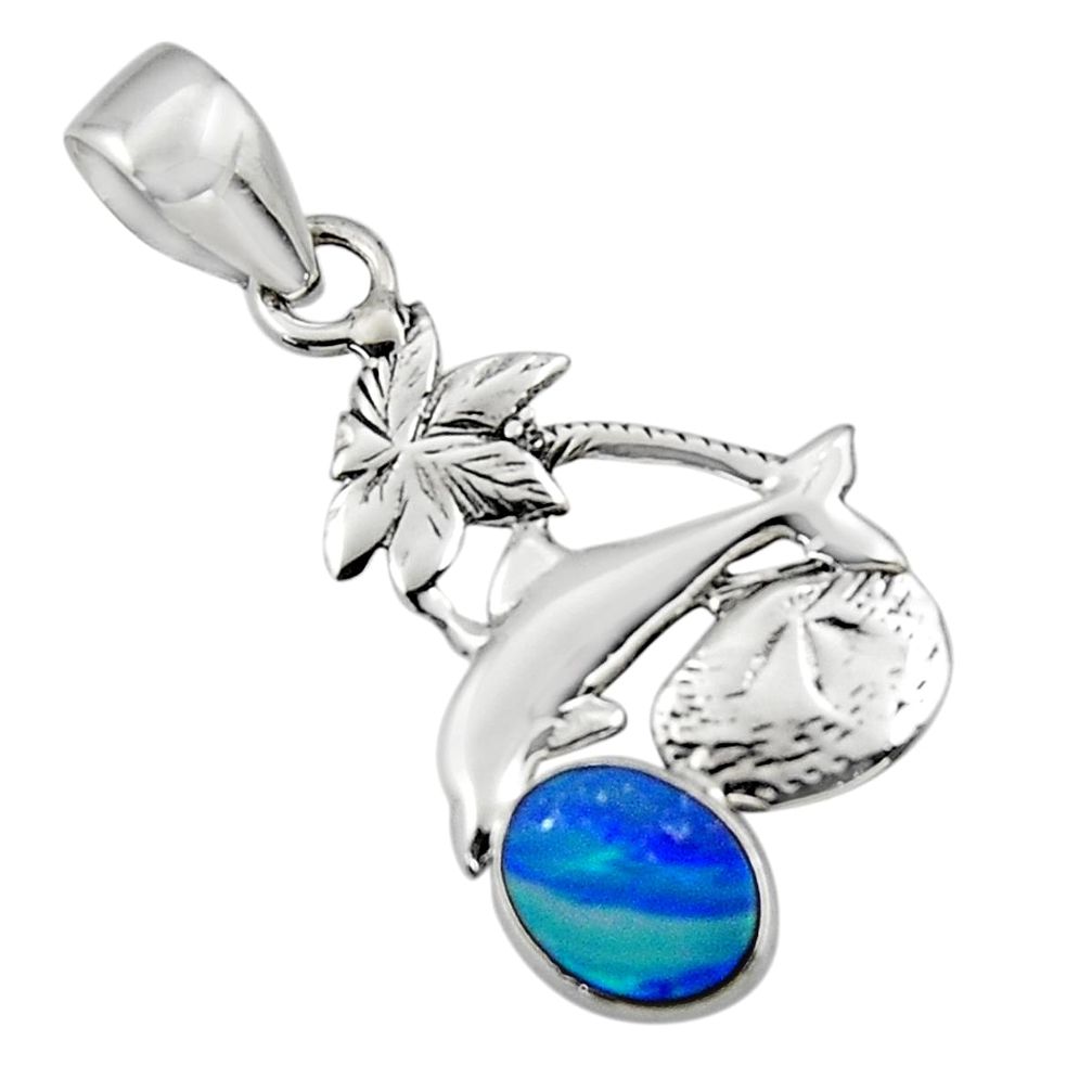 925 silver 2.58cts natural blue doublet opal australian dolphin pendant r48356