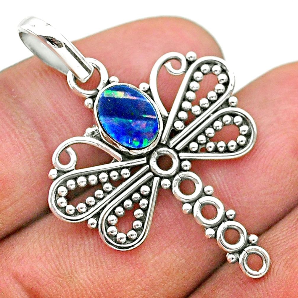 925 silver 1.31cts natural blue doublet opal australian dragonfly pendant t32911