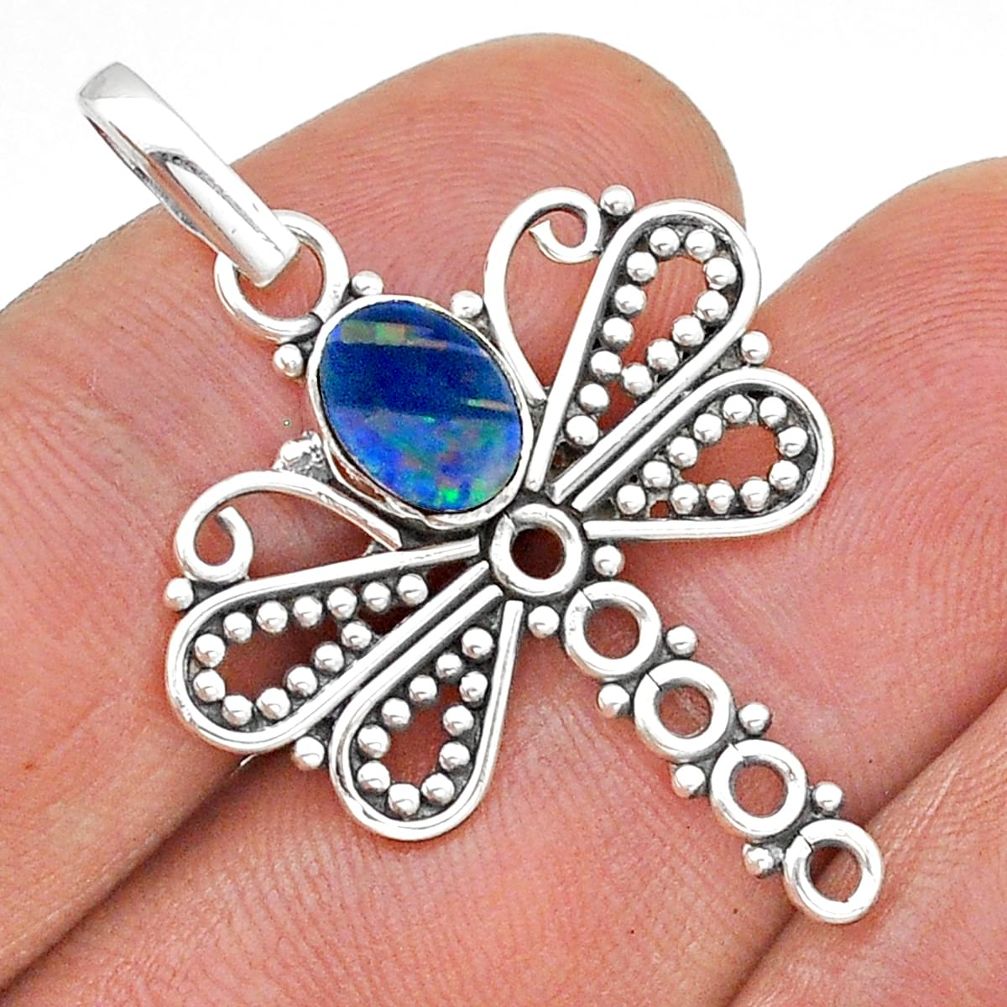 925 silver 1.39cts natural blue doublet opal australian dragonfly pendant u86726