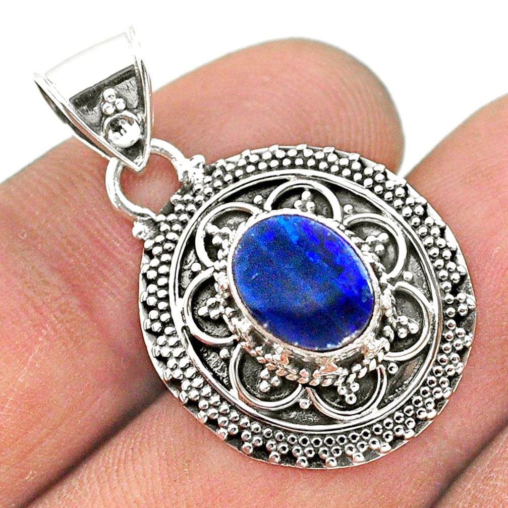 925 silver 1.66cts natural blue doublet opal australian oval pendant t32668