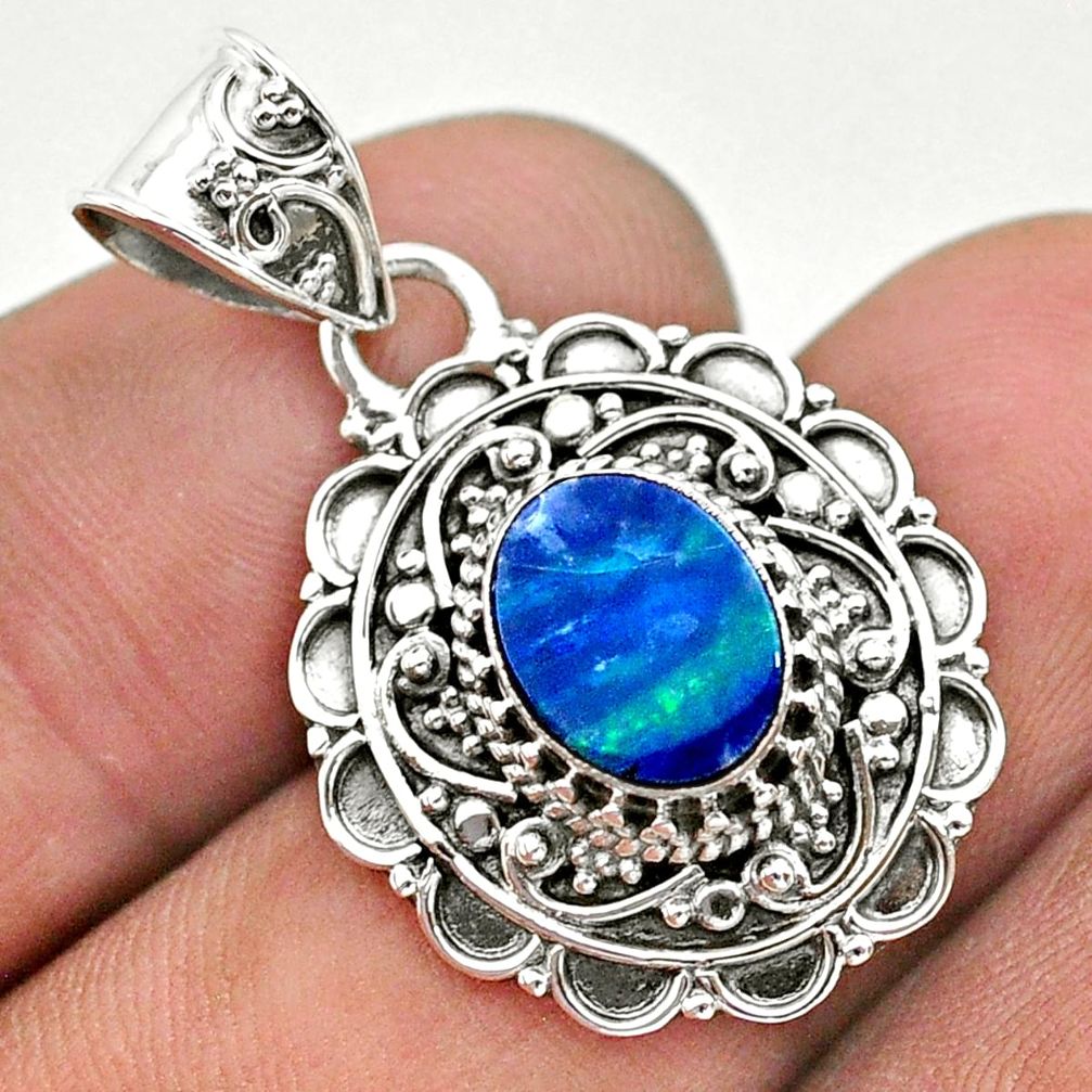 925 silver 1.66cts natural blue doublet opal australian oval pendant t32677