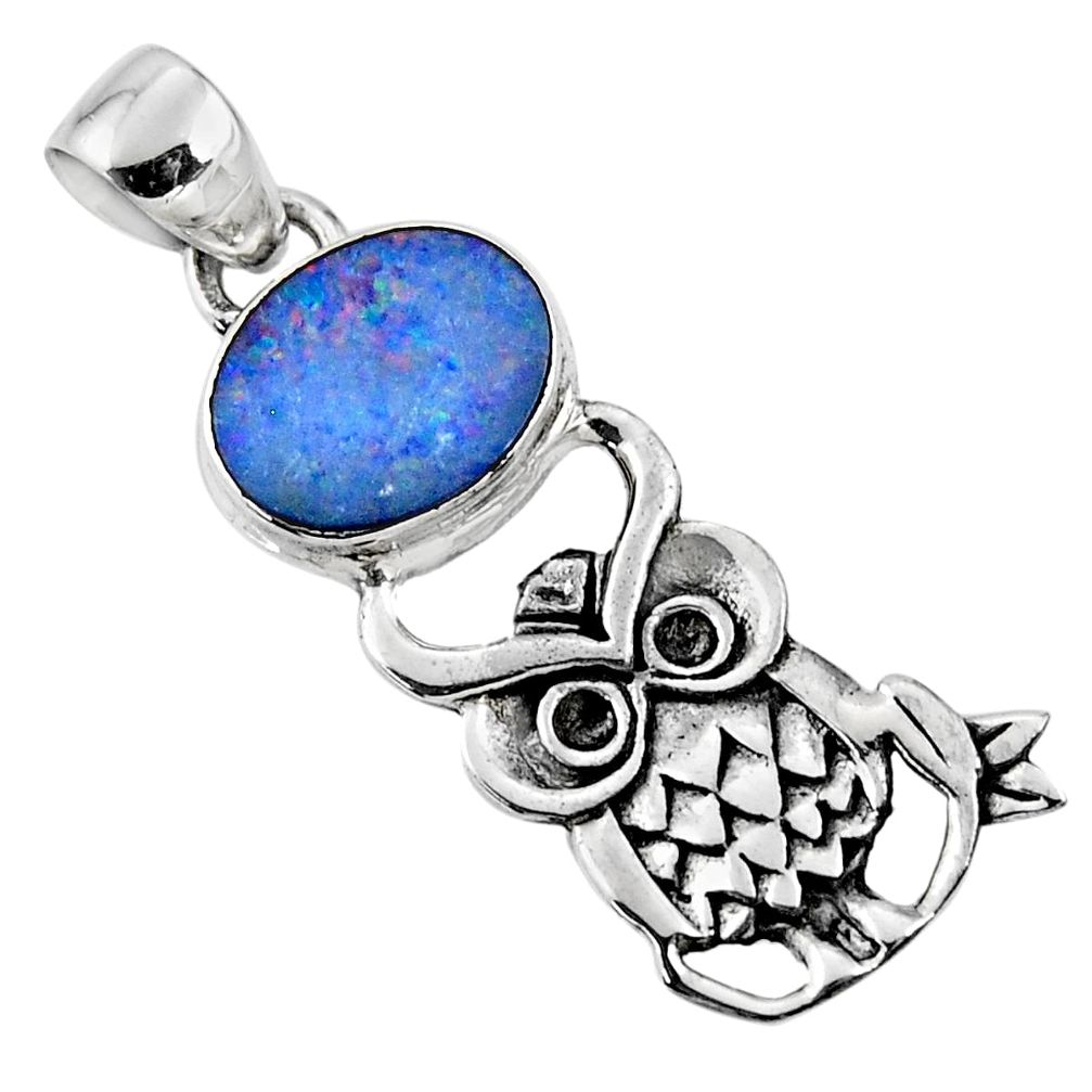 925 silver 3.32cts natural blue doublet opal australian owl pendant r52915
