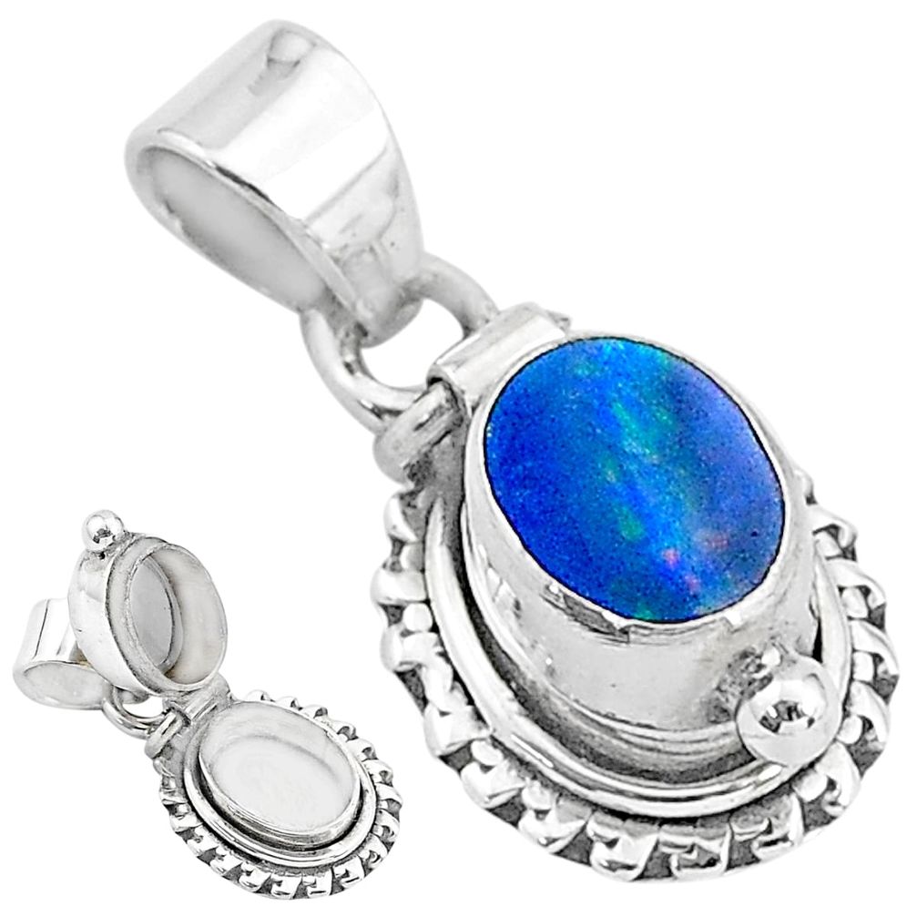 925 silver 1.91cts natural blue doublet opal australian poison box pendant t3749