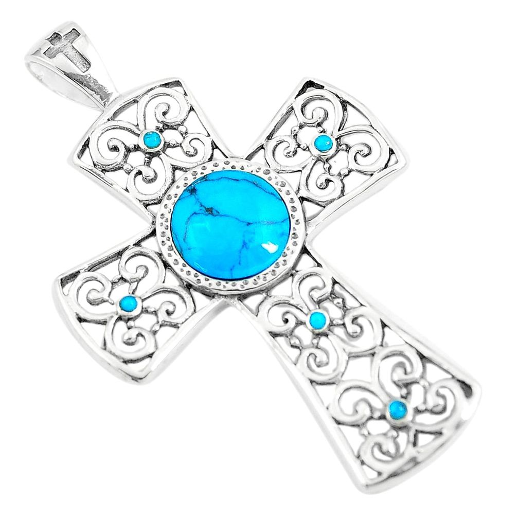 925 silver 4.07cts natural blue kingman turquoise holy cross pendant c10774