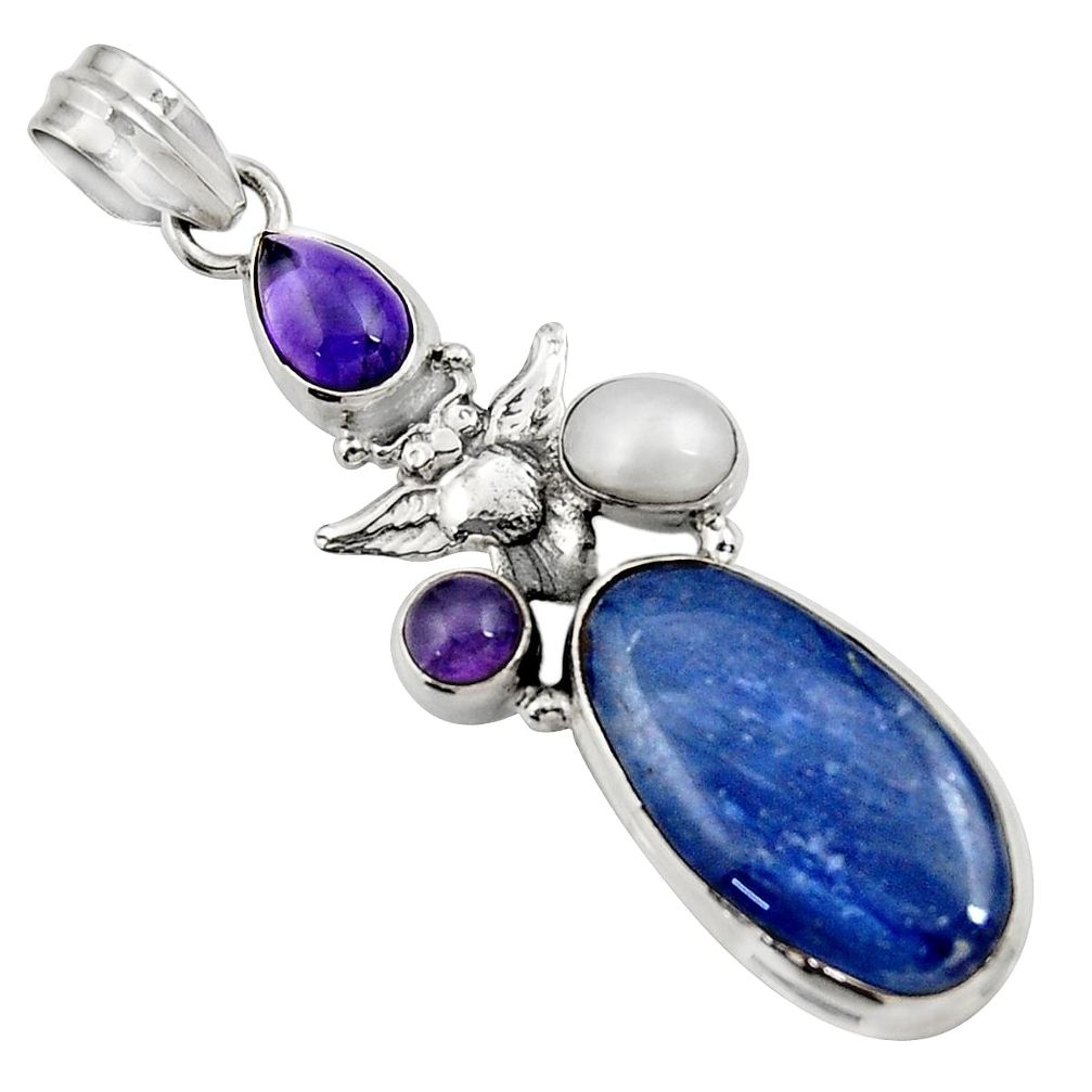 925 silver 16.44cts natural blue kyanite amethyst pearl owl pendant d42704