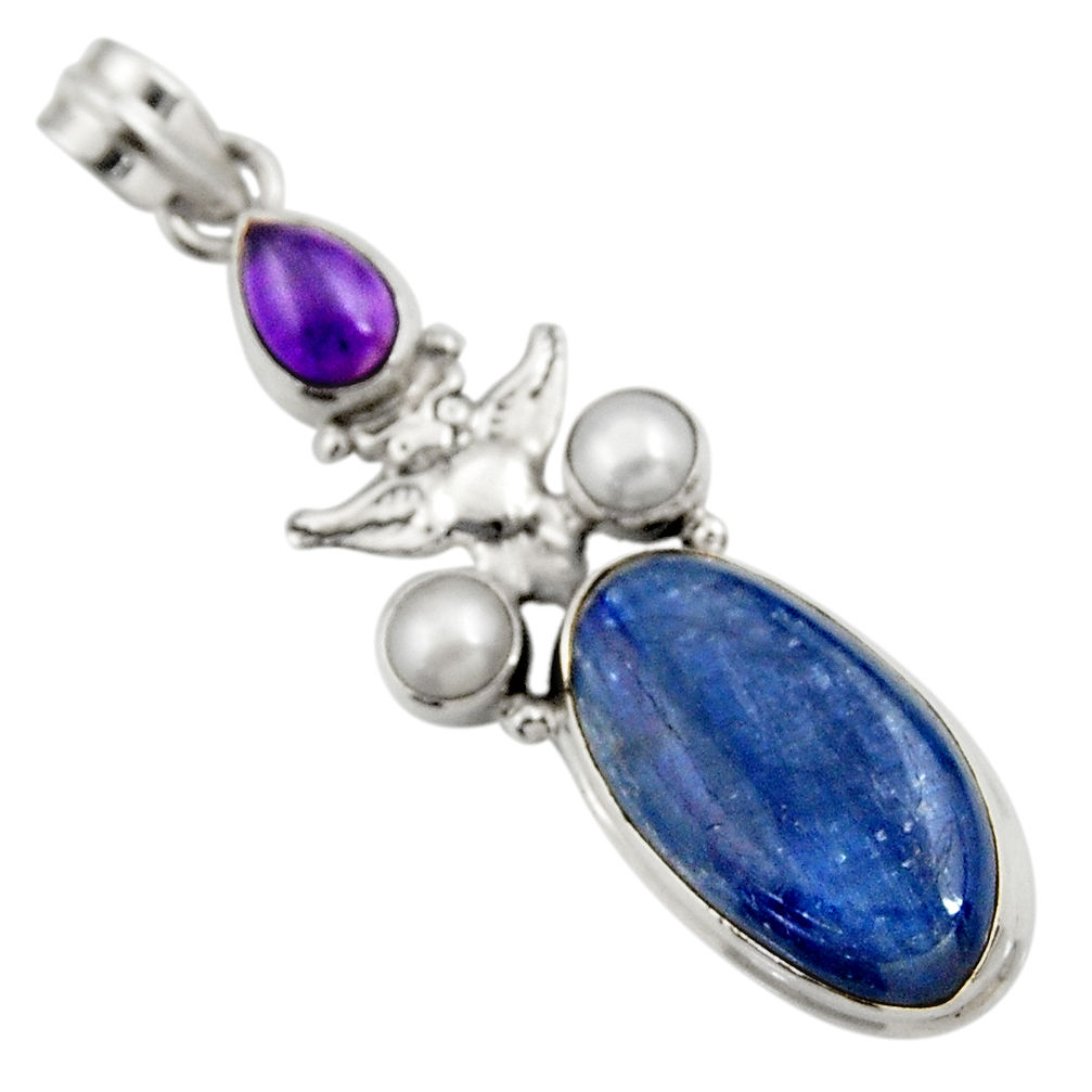 925 silver 16.92cts natural blue kyanite amethyst pearl owl pendant d42707