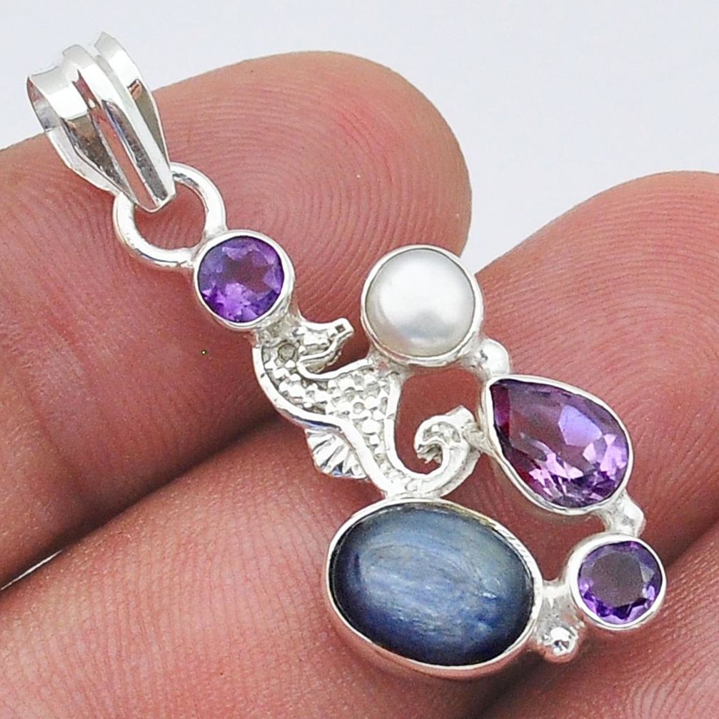 925 silver 6.41cts natural blue kyanite amethyst pearl seahorse pendant u61479