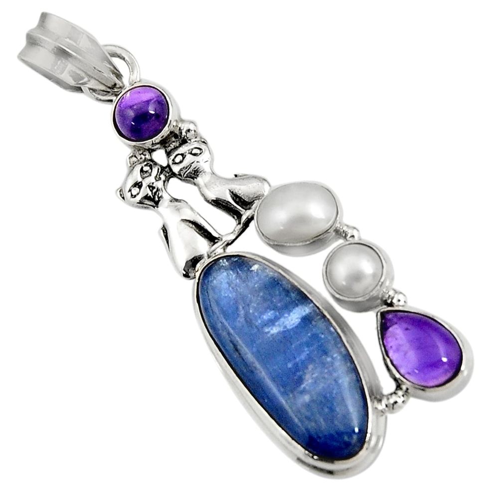 925 silver 14.99cts natural blue kyanite amethyst pearl two cats pendant d42674