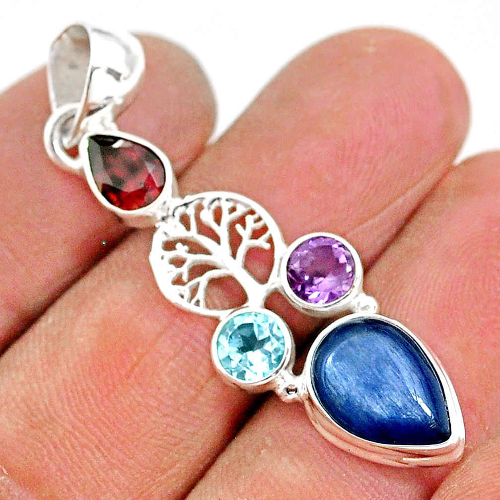 925 silver 7.50cts natural blue kyanite amethyst tree of life pendant t2257