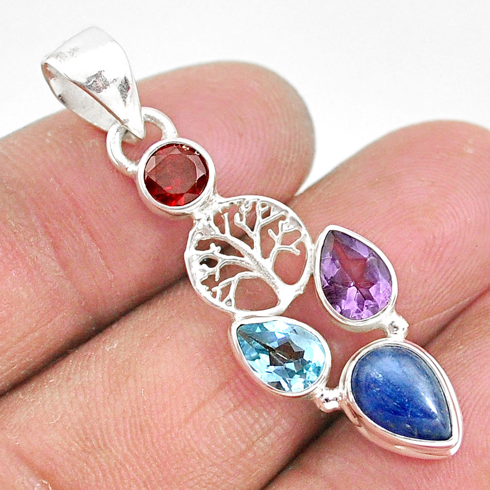 925 silver 5.79cts natural blue kyanite amethyst tree of life pendant t2264