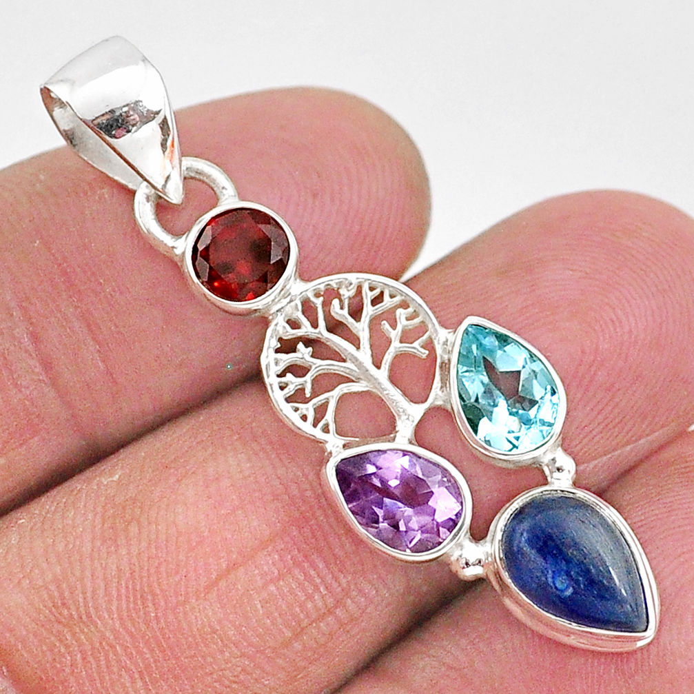 925 silver 5.92cts natural blue kyanite amethyst tree of life pendant t2287