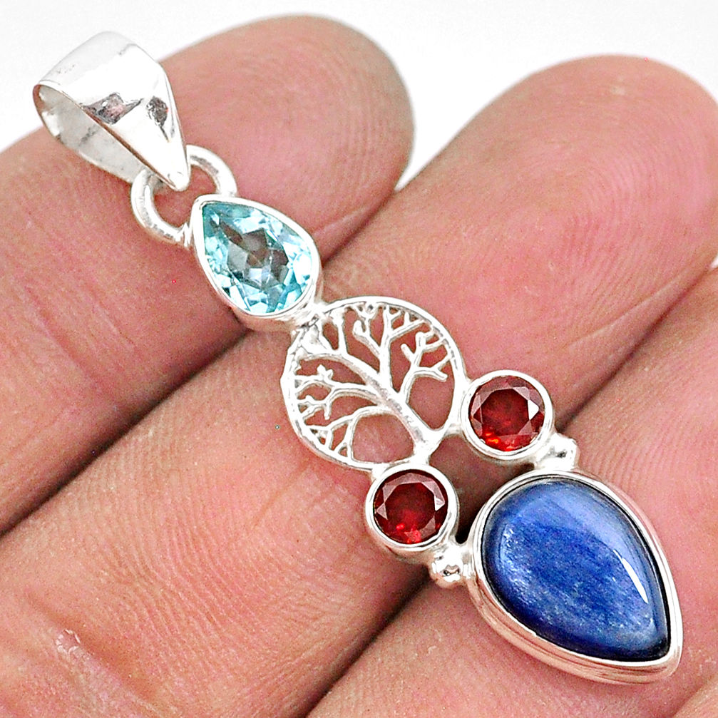 925 silver 7.60cts natural blue kyanite topaz garnet tree of life pendant t2246