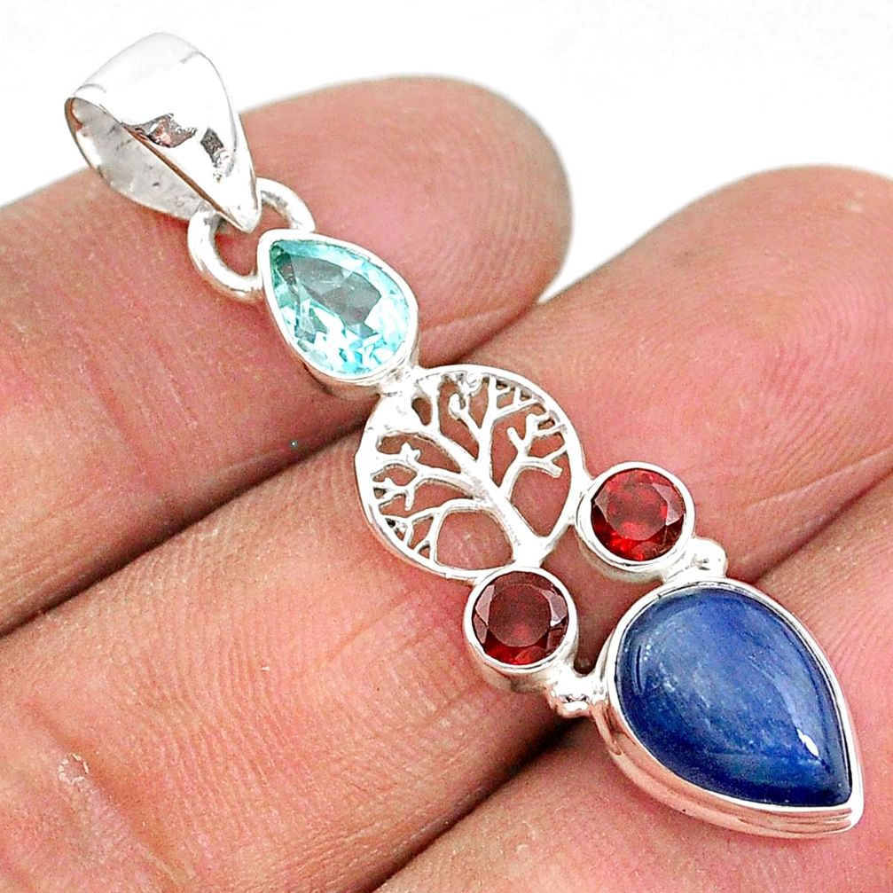 925 silver 6.27cts natural blue kyanite topaz garnet tree of life pendant t2250