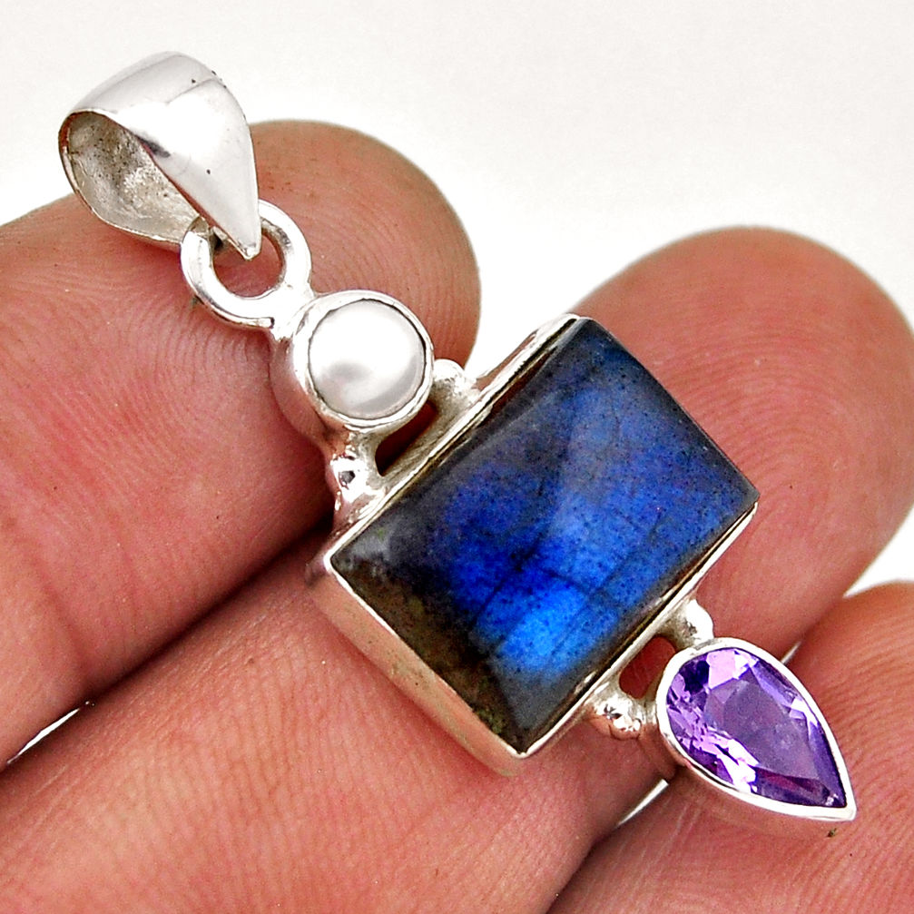 925 silver 7.62cts natural blue labradorite amethyst white pearl pendant n41666