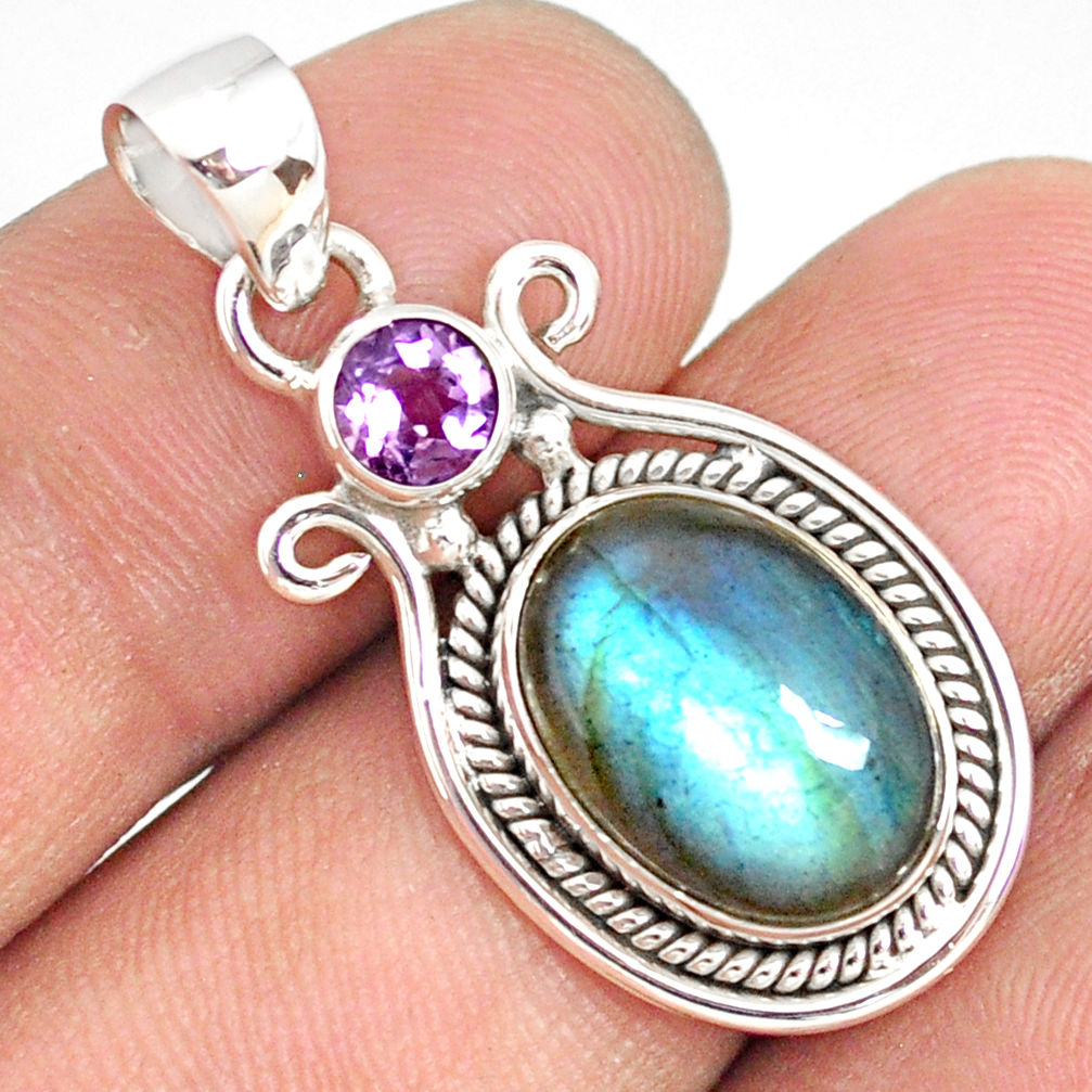 925 silver 6.62cts natural blue labradorite oval purple amethyst pendant r77566