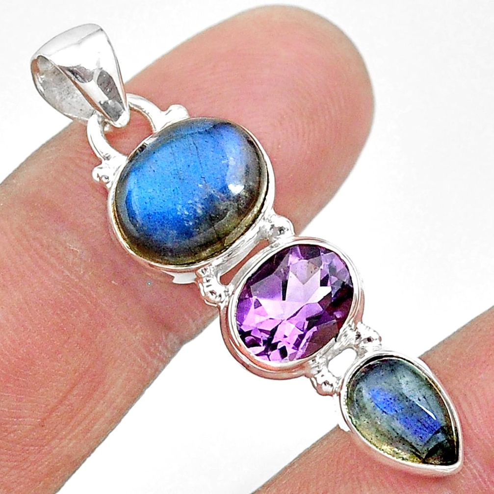 925 silver 10.58cts natural blue labradorite oval shape amethyst pendant t18717