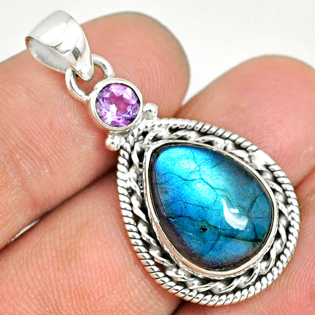 925 silver 10.37cts natural blue labradorite purple amethyst pendant r77544