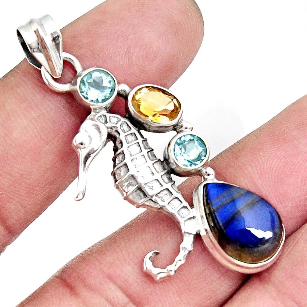 925 silver 8.96cts natural blue labradorite topaz seahorse pendant d42512