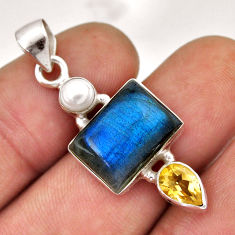925 silver 7.97cts natural blue labradorite yellow citrine pearl pendant n44779