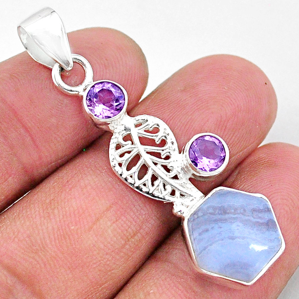 925 silver 6.26cts natural blue lace agate amethyst deltoid leaf pendant r96908