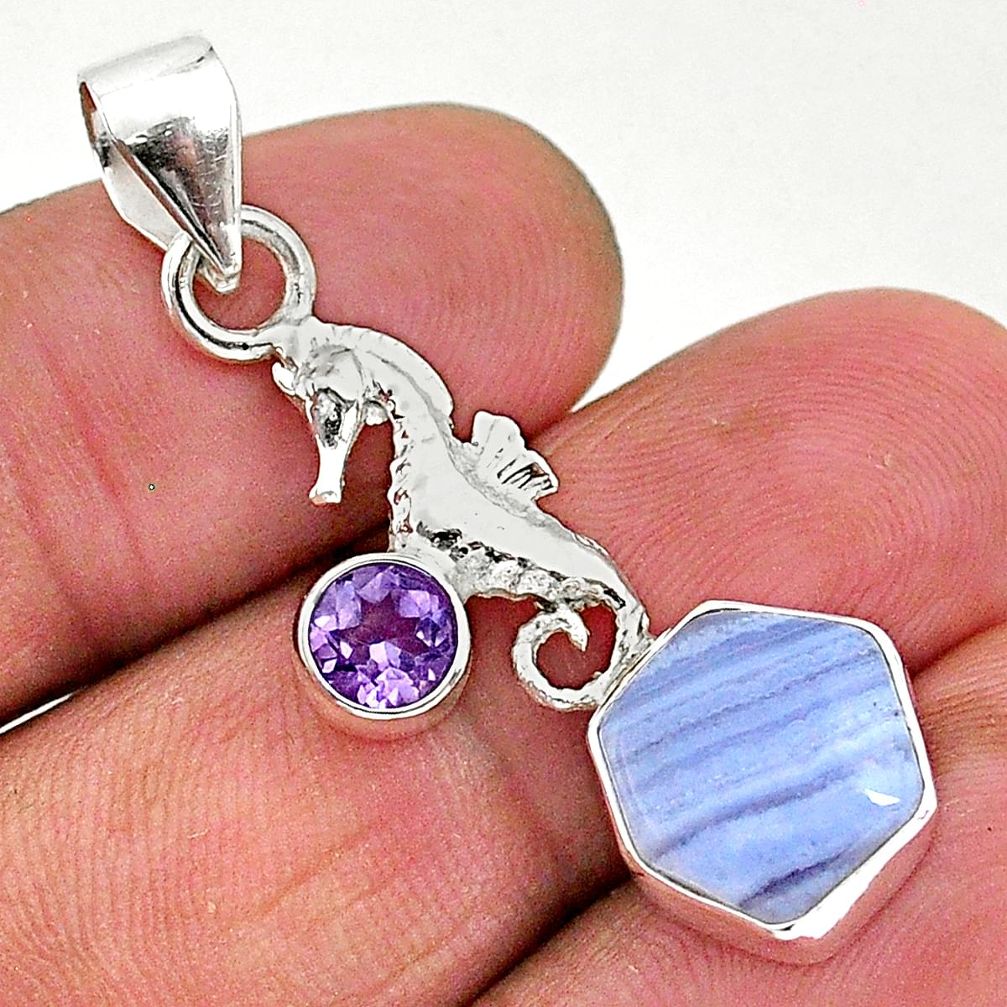 925 silver 5.22cts natural blue lace agate amethyst seahorse pendant r96894