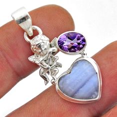 925 silver 6.54cts natural blue lace agate ehart amethyst angel pendant n51637
