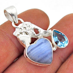 925 silver 7.24cts natural blue lace agate heart shape topaz fish pendant n51629