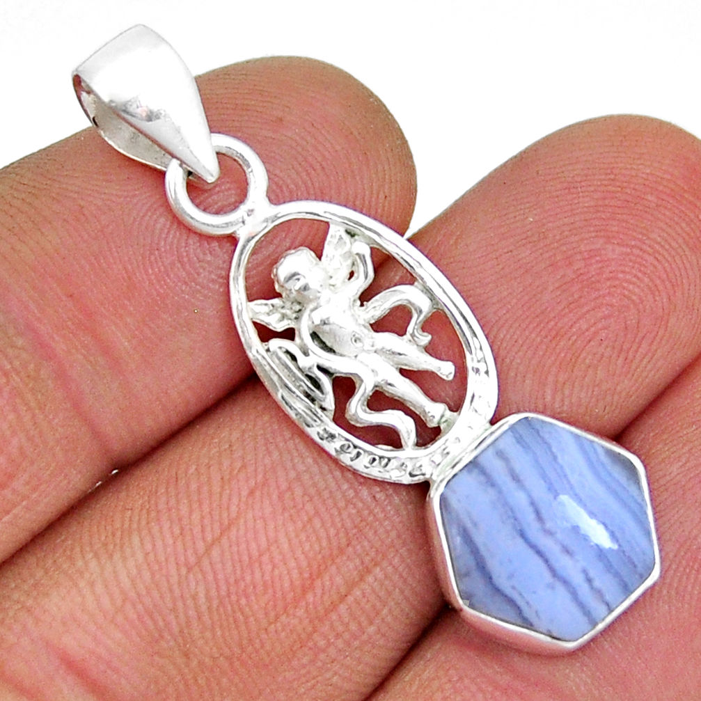 925 silver 4.52cts natural blue lace agate hexagon angel pendant jewelry y7156