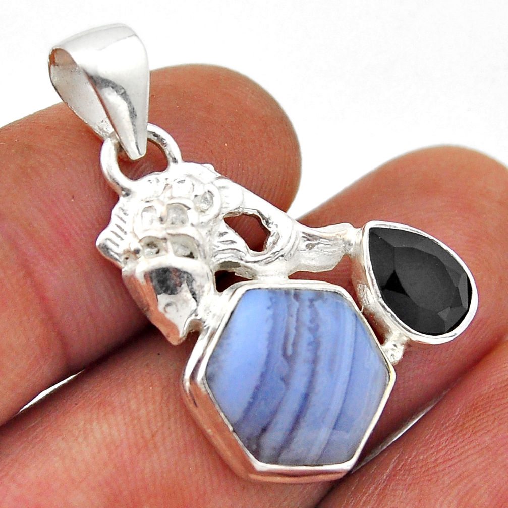 925 silver 7.27cts natural blue lace agate hexagon onyx fish pendant n51635