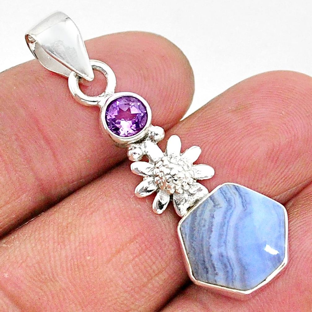 925 silver 5.64cts natural blue lace agate purple amethyst flower pendant r96910