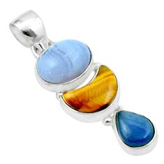 925 silver 8.87cts natural blue lace agate tiger's eye kyanite pendant u37483