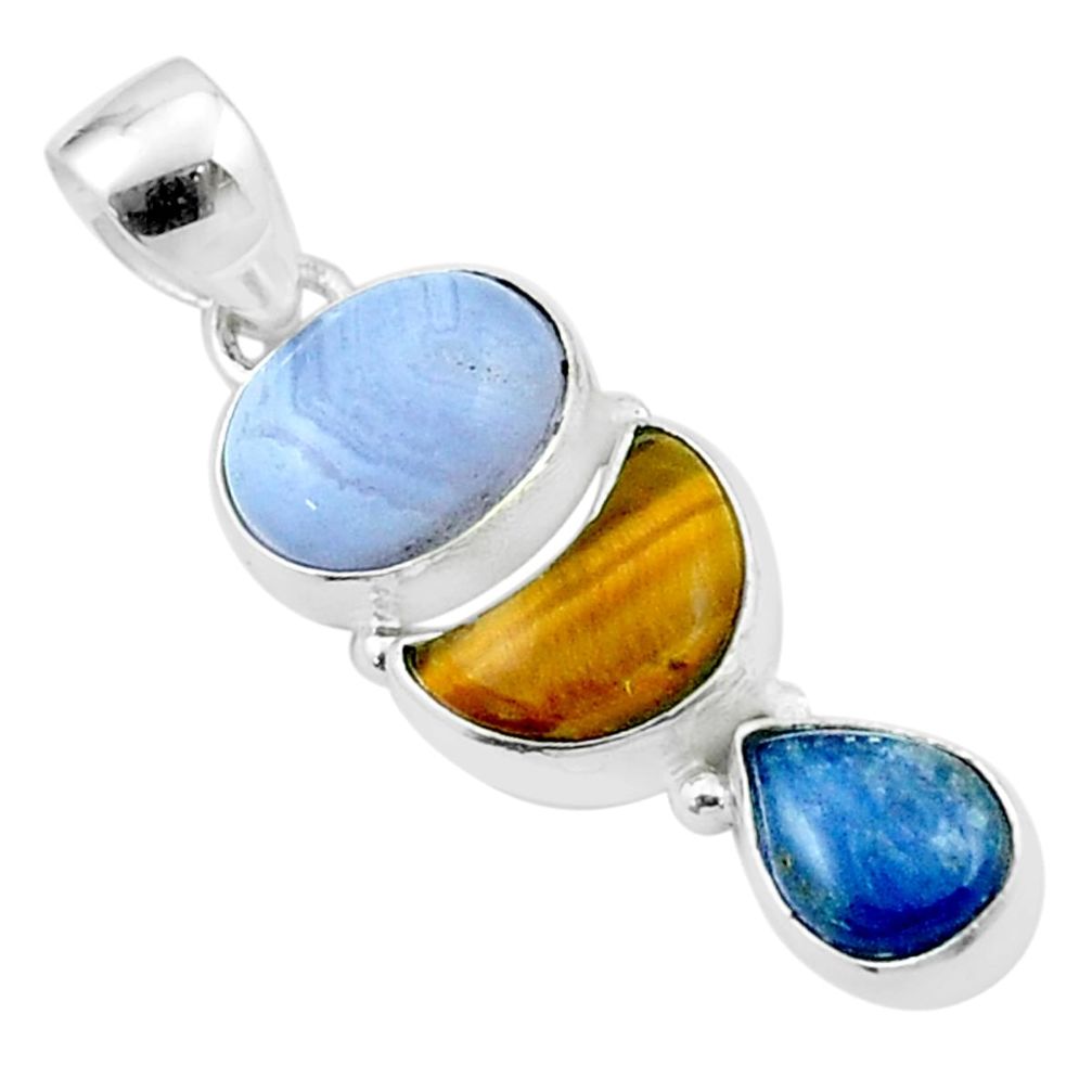 925 silver 8.93cts natural blue lace agate tiger's eye kyanite pendant u37491
