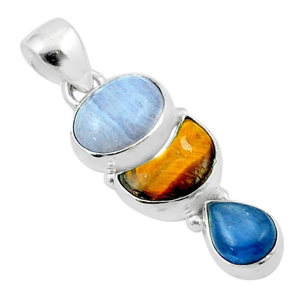 925 silver 8.95cts natural blue lace agate tiger's eye kyanite pendant u37498