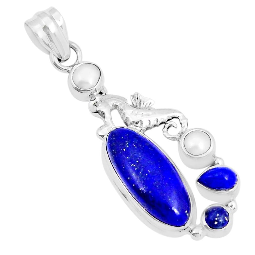 925 silver 12.65cts natural blue lapis lazuli oval pearl seahorse pendant y5508