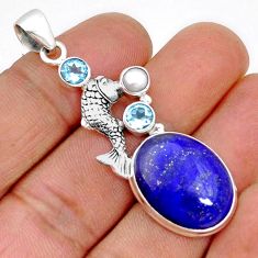 925 silver 16.09cts natural blue lapis lazuli topaz pearl fish pendant y2852