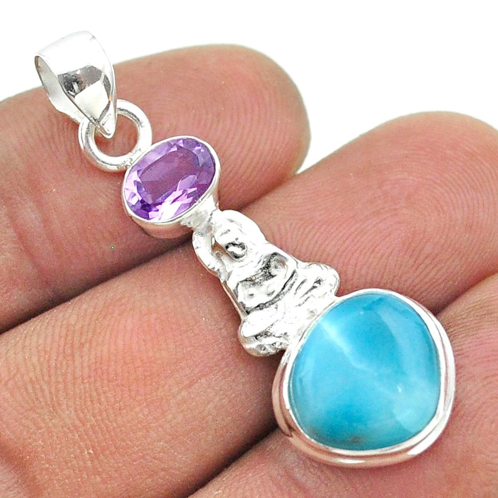 925 silver 8.05cts natural blue larimar amethyst buddha charm pendant t56607