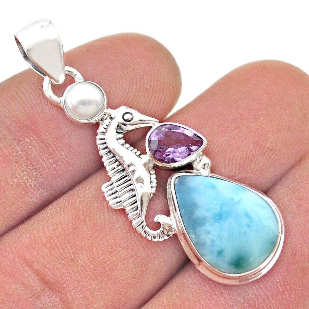 925 silver 10.94cts natural blue larimar amethyst pearl seahorse pendant d48192